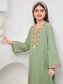 SHEIN رمضان جلابيه   Tween Girls' Casual Round Neck Short Sleeve Dress  الملابس التقليدية العربية - Green - View 3