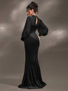 Cheriluna Maternity Maternity Long Sleeve Stand Collar Backless Fishtail Dress, Suitable For Christmas Party, Elegant Party, Baby Shower - Black - View 2