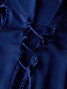 Aveloria Modichic Satin Textured Fabric, Tie-Back Waist Decor, Fashionable Lapel Collar Long Sleeve Shirt - Navy Blue - View 7
