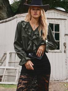 Freevana Women's Elegant Ruffle Collar V-Neck Long Sleeve Blouse, Suitable For Vacation, Autumn/Winter Army Green Tops