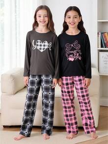 SHEIN Ensemble pour enfants de 4 pièces - Pyjama à carreaux noir, gris, rose. Design imprimé de cœur et de lettres anglaises. Top à col rond en tricot doux et confortable, pantalon. Ensemble de style réseaux sociaux, académique, idéal pour le printemps, l'été, l'automne et l'hiver. Ensemble essentiel pour les filles préadolescentes à la maison. - Multicolore - Voir 1
