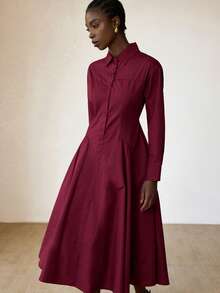 Aveloria Modichic Simple And Comfortable, A Solid Color Fitted And Fashionable Casual Dress That Is Versatile For All Occasions And Has Loose Long Sleeves With A Wide Hem And A Turned-Down Collar And Button Fastening. - Burgundy - View 4