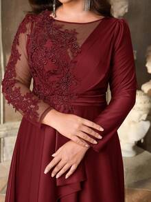 Aureia Plus Size Burgundy,Winter,Elegant,Formal,Dinner,Evening Luxury Sequin Patchwork Satin Ruffle Hem A-Line Maxi Evening Gown Military Green - Burgundy - View 3
