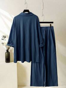 Modelyn Women 2Pcs Set: Embroidered Ruffle Sleeve Blouse And Elastic Waist Pants - Navy Blue - View 2