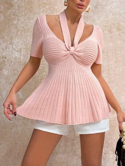 SHEIN Pink Sweetheart Neck Halter Strap Rib Knit Peplum Short Sleeve Top With Pleated Front For Women