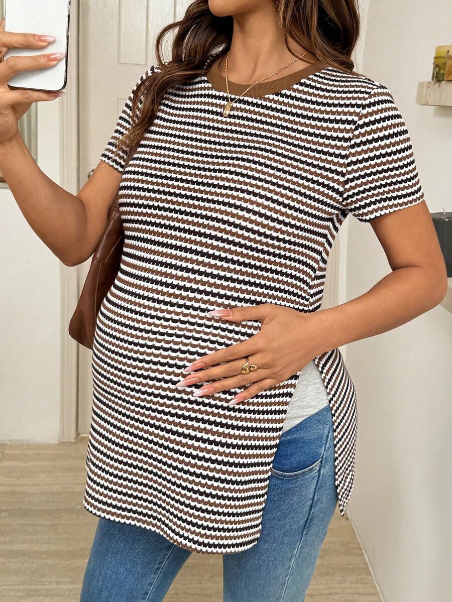 SHEIN Áo thun bầu cổ tròn tay ngắn kẻ sọc xẻ tà, kiểu dáng thường ngày, thích hợp cho mùa hè, mùa xuân, nghỉ xuân. - màu nâu - Xem 1