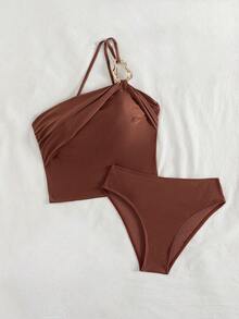 Swim Chiccia Stylish Rust 's Sleeveless Plain Tankini Top With Ring Detail And Matching Bikini Bottom - Rust Brown - View 8