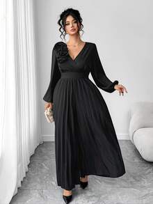 Elenzga Elegant Vintage French Romantic Floral Pleated V-Neck Jumpsuit, Casual & Commuting, Autumn/Winter