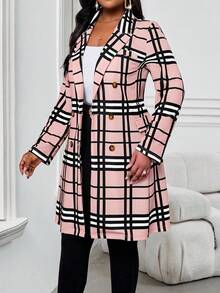SHEIN Lady CURVE Áo khoác gió cổ ve lật dệt kim họa tiết kẻ caro mùa xuân, mùa hè, mùa thu và mùa đông cỡ lớn, dài vừa, cài hai hàng khuy - Hồng - Xem 6