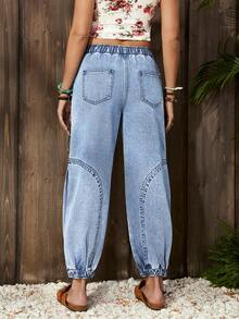 EMERY ROSE Women's Elegant Casual Distressed Denim Jeans With Multiple Pockets And Bow Tie Waist Design, Relaxed Fit - Blue - View 2