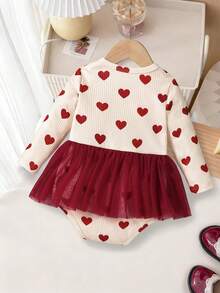 SHEIN Explorewe 1pc Baby Girl Knitted Bodysuit,0-3 Years Old,Heart Pattern,Burgundy Tulle Skirt,White And Red,Autumn,Cute Modest,Matching Family,Outdoor Activities - Red - View 2