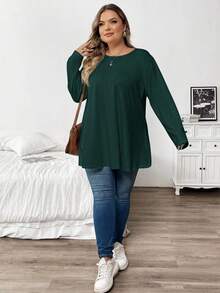 SHEIN CURVE+ 女士休闲宽松日常简约纯色圆领加大码T恤 - 墨綠色 - 查看 5