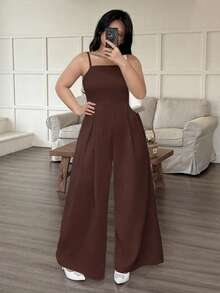 INAWLY 大码女式休闲日常通勤简约纯色褶皱宽松阔腿连体裤