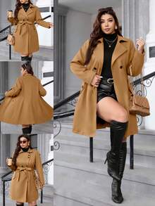 SHEIN Clasi 大码纯色简约日常保暖长袖外套 - 卡其色 - 查看 8