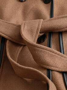 Gownix 大码休闲日常撞色滚边双排扣羊毛混纺大衣，秋冬款 - 卡其色 - 查看 10