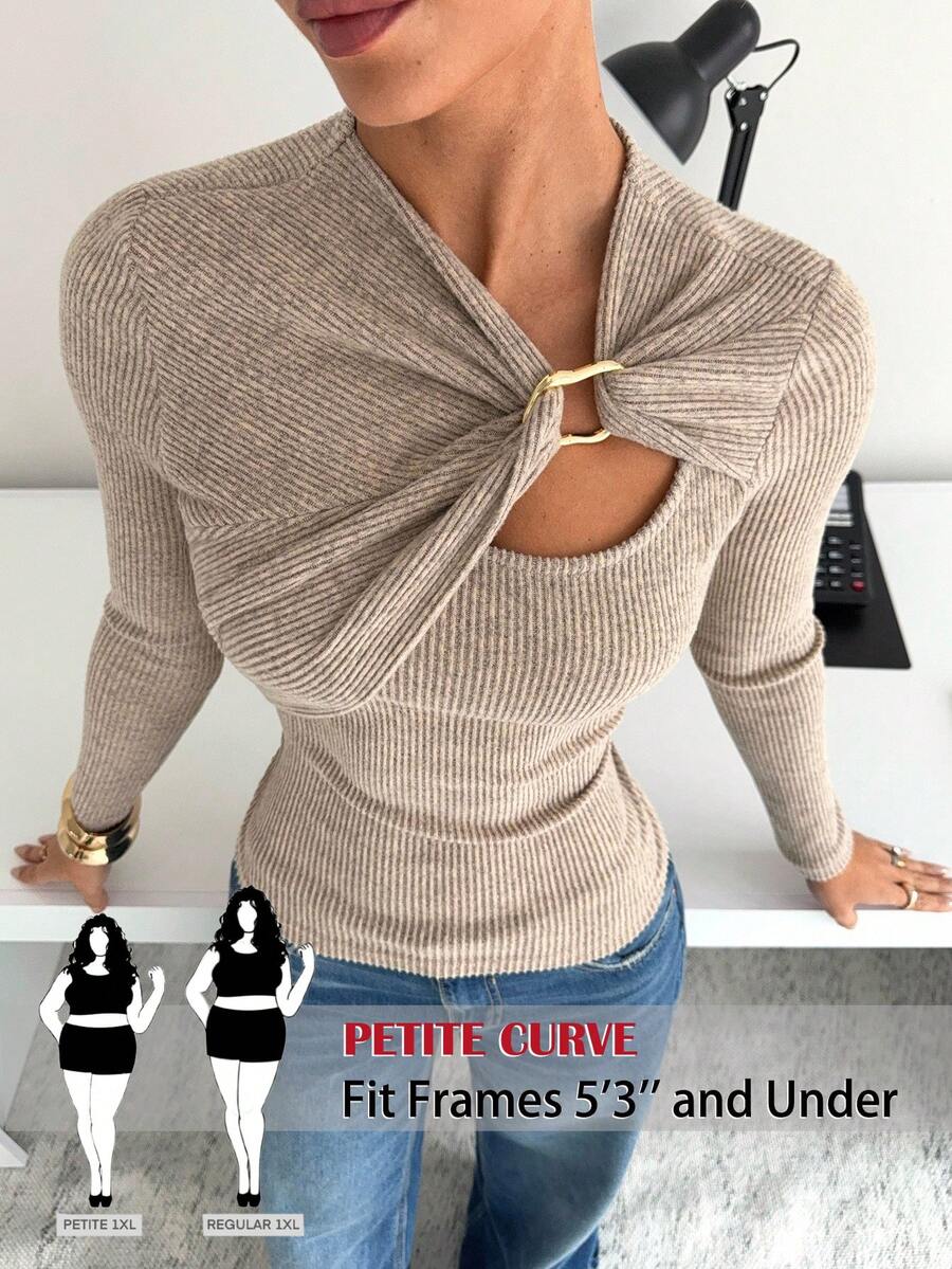 SHEIN PETITE CURVE Plus Size Women's Fashionable Solid Color Ribbed Knit Metal Button Hollow Long Sleeve Fitted T-Shirt, Spring/Autumn - Apricot - View 1