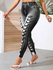 SHEIN Lady 女士弹力玉米图案系带休闲打底裤 - 黑色 - 查看 4