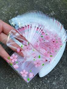 100个粉色花卉印花OPP自粘袋，浪漫粉色花朵和绿色叶子印花小礼品包装袋，适用于派对、生日和其他活动装饰，生日礼物包装 - 彩色 - 查看 1