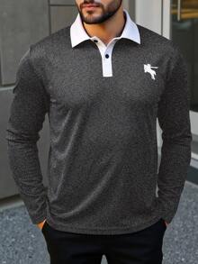 Manfinity Homme Áo thun polo dài tay màu tương phản thường ngày cỡ lớn dành cho nam - Xám - Xem 3