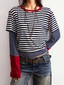 Bohemela Boho Christmas Party New Year Casual Striped Patchwork Round Neck Long Sleeve Loose Women T-Shirt, Winter - Multicolor - View 4