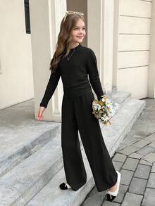 SHEIN Serisse Kids 少女纯黑色纹理针织侧褶皱高领修身长袖上衣T恤和阔腿裤两件套，休闲宽松T恤上衣搭配休闲宽松长裤，基础款，日常穿着，适合返校季 - 黑色 - 查看 4