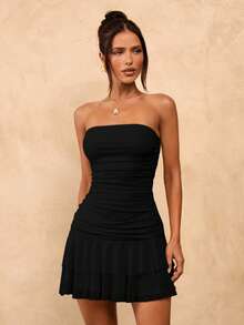 SHEIN BAE Solid Yellow Cream Ruched Bodycon Ruffled Hem Mini Dress, Cute Summer Dress, Brunch Dress, Yellow Dress - Black - View 7