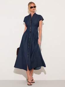 COSMINA Women's Elegant Ruched Shoulder Sleeve Cinched Waist Button Down Long Denim Dress, Versatile For Commuting, All Seasons - Dark Wash - View 1