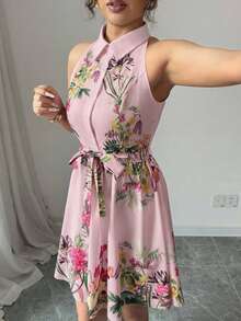 Elenzga Vestido corto sin mangas con estampado floral y cinturón, adecuado para vacaciones de verano - Multicolor - Ver 6