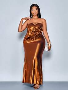 SOLERSUN Plus Size Women's Elegant Glamorous Bandeau Draped Sparkly Bodycon Mermaid Maxi Dress, Club Outfits Women Sexy, Suitable For Christmas Party Vacation & Dating,Elegant Dress For Women,Christmas,Formal Dress,Party Dress,Sexy Dress,Wedding Guest Dress - Orange - View 2