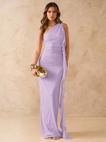 SHEIN BAE Asymmetric Ruched Backless Maxi Mesh Dress With Ruffle Hem, Elegant Women's Dress For Vacation & Beach, Spring/Summer - Mauve Purple - View 3