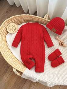 SHEIN 新生女宝宝可爱针织连体衣、脚套和帽子套装，适合秋冬季节穿着 - 紅色 - 查看 2