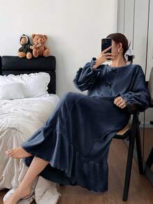 SHEIN Camisón de mujer de unicolor con decoración de lazo, volantes y mangas abullonadas - Azul Marino - Ver 5