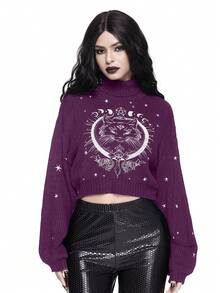 ROMWE High Neck Dark Gothic Black Mysterious Cat Embroidery Pullover Sweater - Red Plum - View 7