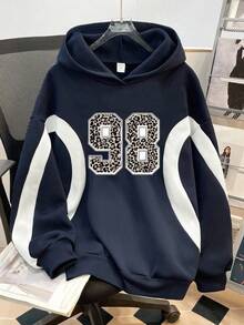 SHEIN Felpa con cappuccio casual oversize da donna con stampa a blocchi di colore, lettere e motivo leopardato, per autunno e inverno