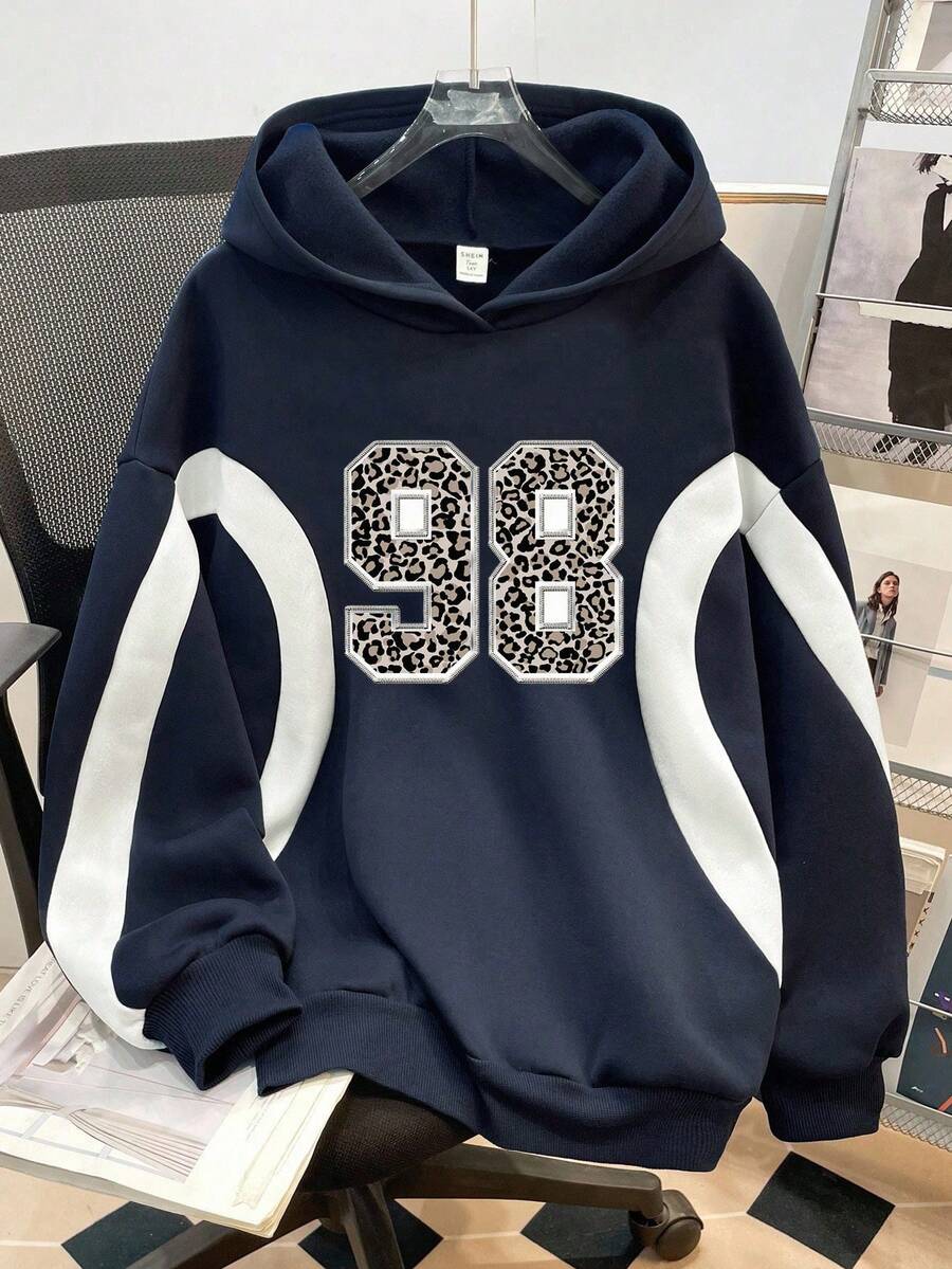 SHEIN Felpa con cappuccio casual oversize da donna con stampa a blocchi di colore, lettere e motivo leopardato, per autunno e inverno