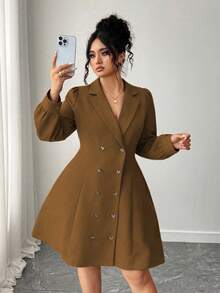 Elenzga Đầm Blazer cổ bẻ tay dài thanh lịch hai hàng khuy cỡ lớn cho nữ - Màu nâu  Mocha - Xem 1