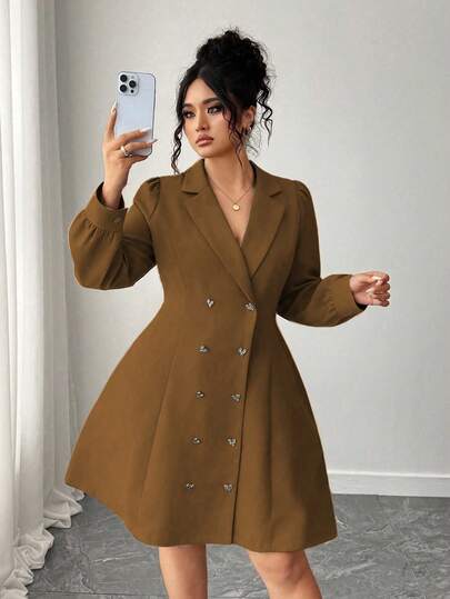 Elenzga 大码女士优雅长袖双排扣西装领连衣裙