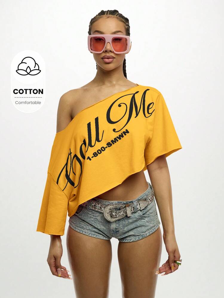 SUMWON WOMEN Short Sleeve Off Shoulder Cropped Graphic Print Tee