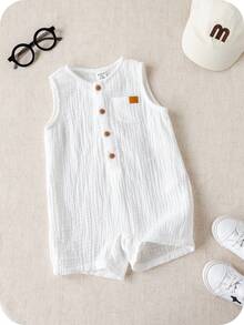 SHEIN 男女通用新生儿无袖连体衣，休闲度假可爱白色套装，适合日常外出、室内玩耍、休闲、生日派对、节日、晚宴、演出、婚礼、迎婴派对、春夏穿着。 - 白色 - 查看 7