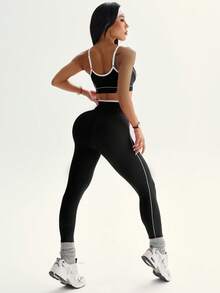 Dewbera Women's Seamless Pink Activewear Set, Striped Crisscross Waist Crop Leggings And Vest Yoga Leggings Set Active Legging Set Gym Leggings Set Curve Activewear Set Active Wear Women Active Sets Crop Top And Leggings Set - Black - View 2