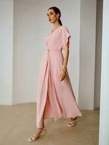 ZEYLAH 优雅长袖连衣裙，饰有装饰纽扣，浪漫春夏款，情人节必备 - 藕粉色 - 查看 6