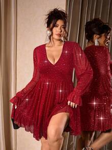 Cravure 大码女士优雅V领荷叶袖亮片腰部长款连衣裙，适合派对和正式场合，春秋季 - 紅色 - 查看 4