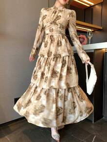 DAZY Beige Floral Print Chiffon Midi Dress,Elegant Pleated Waist Casual Autumn Style For Tea Party,Wedding,Christmas,New Year & Spring Fashionable Brown - Apricot - View 5