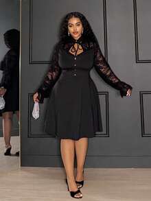 Slaydiva Autumn Plus Size Women's Elegant Black Lace Long Sleeve A-Line Dress,Formal Evening Dinner Party Outfit,Vintage Bodycon Solid Color Cocktail Gown - Black - View 1