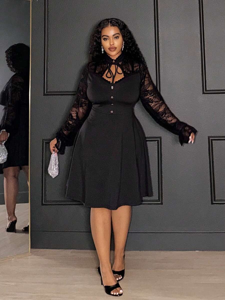 Slaydiva Autumn Plus Size Women's Elegant Black Lace Long Sleeve A-Line Dress,Formal Evening Dinner Party Outfit,Vintage Bodycon Solid Color Cocktail Gown - Black - View 1