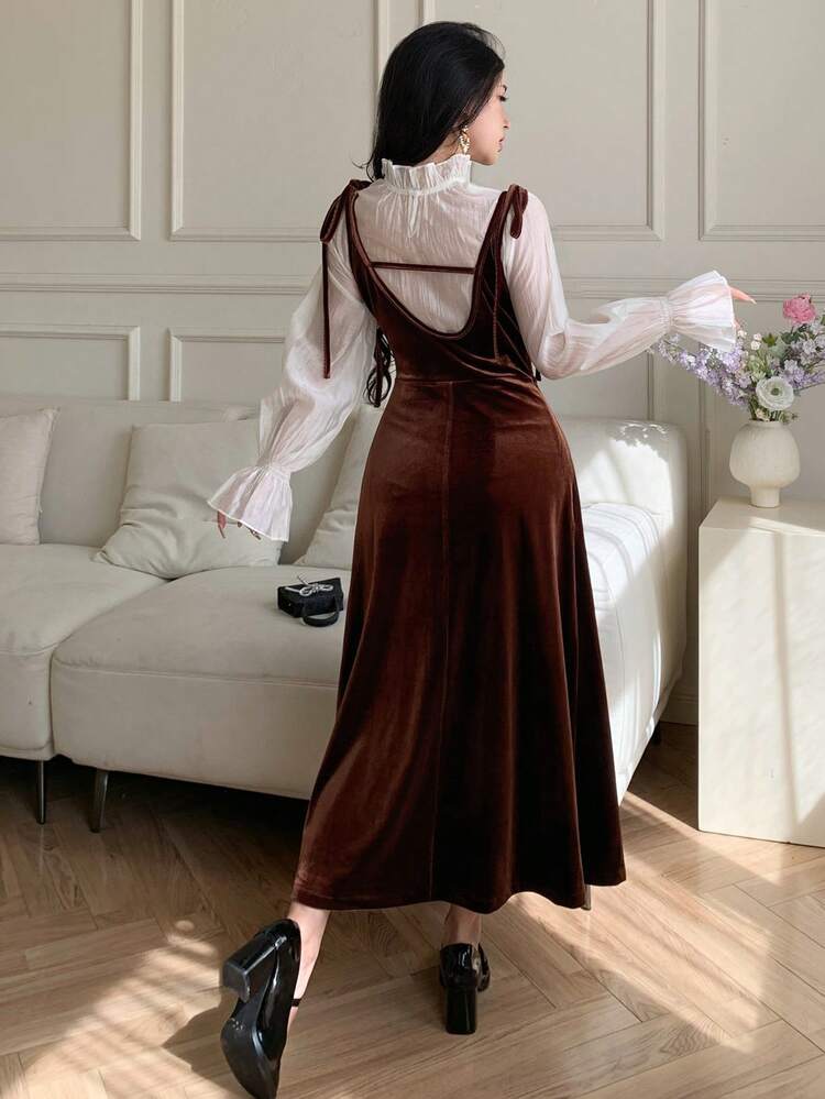 Vintage French Velvet Sleeveless High Waist Elegant Slip Dress, Women Long Sleeve Shirt, Women Two Pieces Set