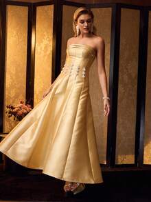 MOTF Soiréza FORM-FITTING STRAPLESS MAXI PARTY GOWN, STIFF LUSTROUS FABRIC, CHEST RUCHING & WAIST FAUX PEARL EMBELLISHMENT BACK LACE-UP DESIGN DRESS, IDEAL FOR WEDDINGS, GALAS & FORMAL EVENINGS, STYLE WITH STRAPPY HEELS & DAINTY JEWELRY - Yellow - View 5