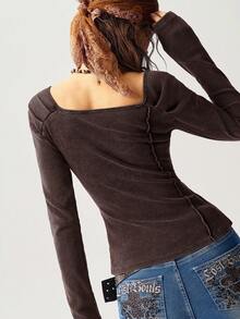 Bohemela 休闲纯色针织百搭领口设计长袖修身水洗女式T恤 - 棕色 - 查看 7