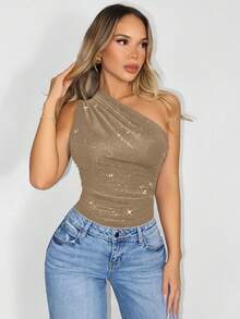 Zolique Body sin mangas con pliegues brillante - Caqui - Ver 4