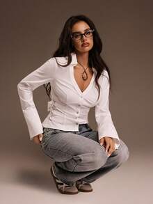 SHEIN ICON Y2k Women's White Solid Color Waist-Cinched V-Neck Long Sleeve Blouse,White Shirt - White - View 1
